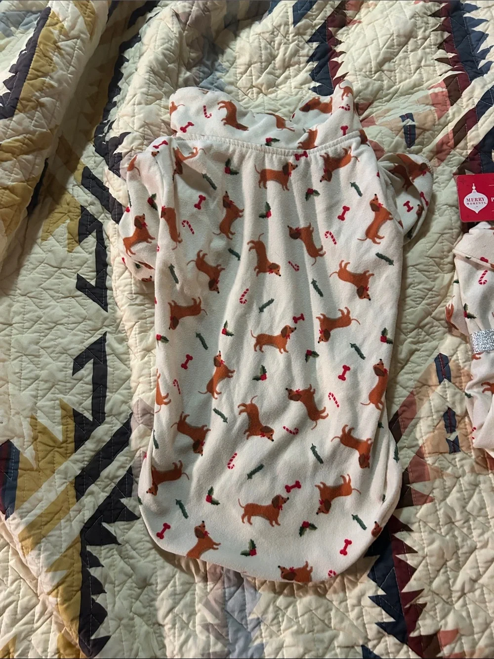 Holiday Wiener Dog Pet Pajamas - Cream with Brown Dachshund Print